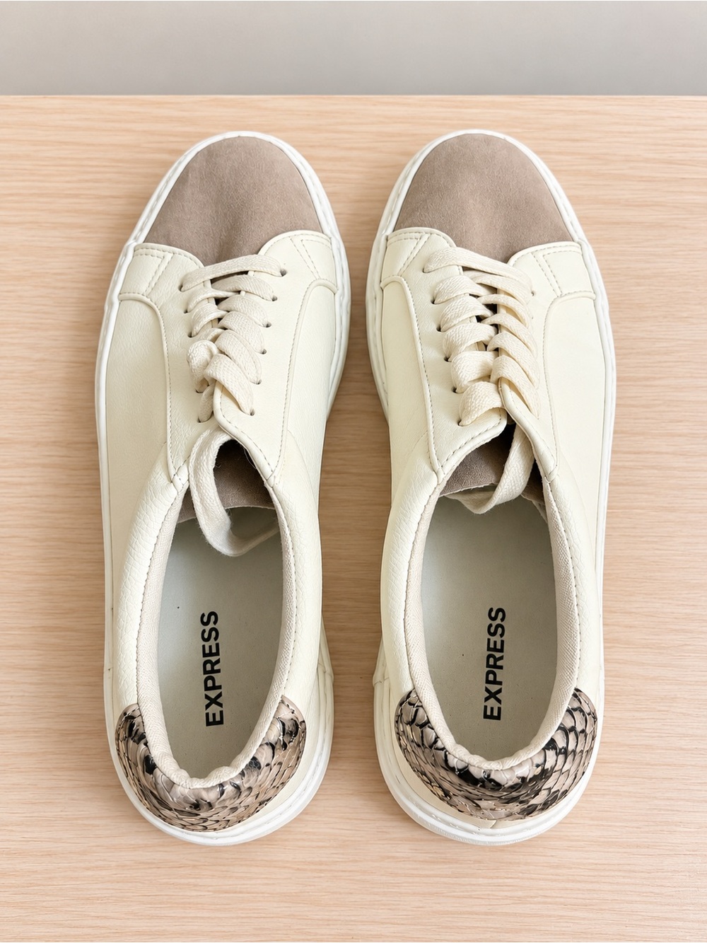 Express Women’s Cream Sneakers with Taupe Toe and Snake-Print Heel